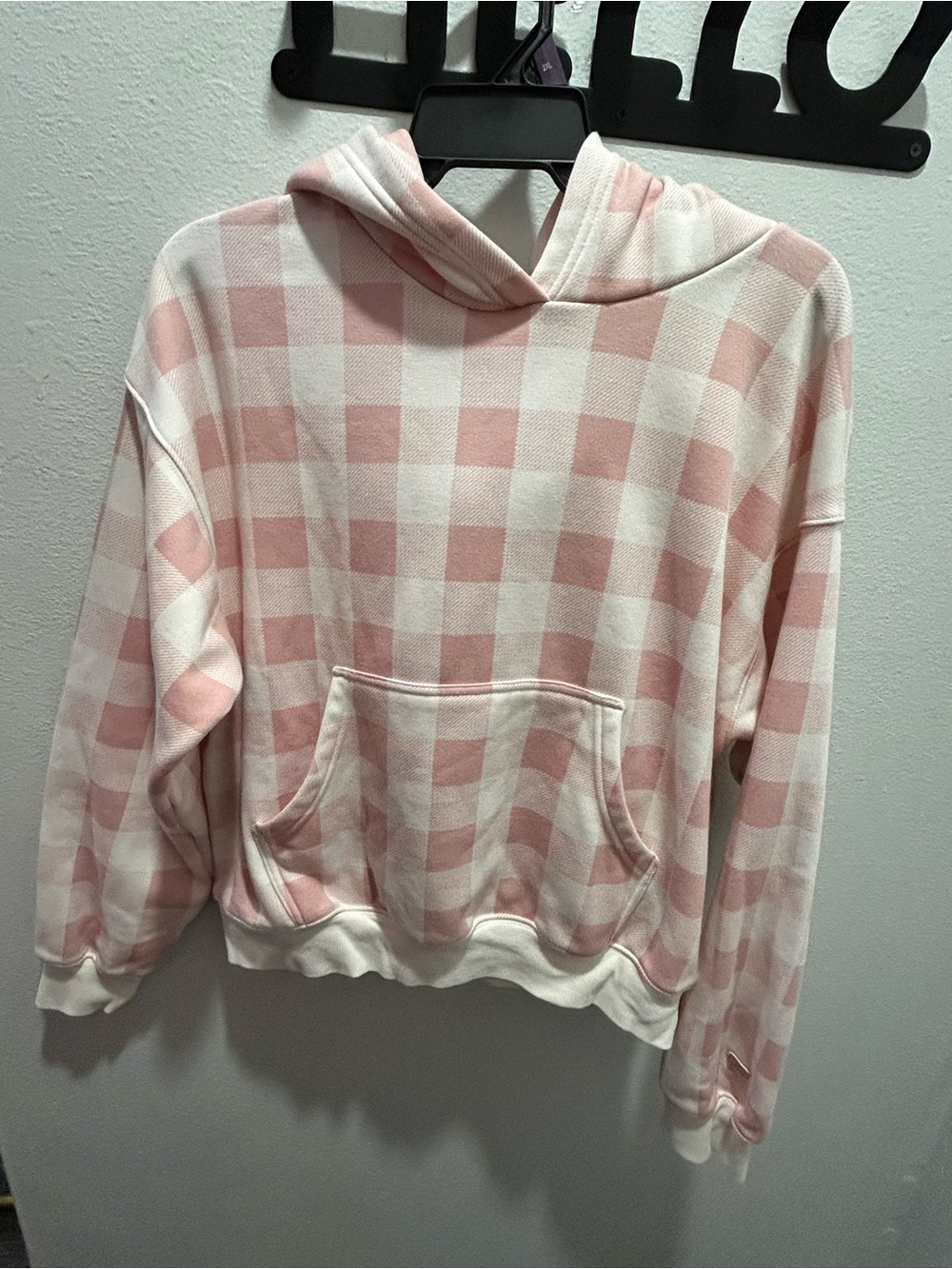 Fabletics Pink and White Plaid Hoodie Sweatshirt
